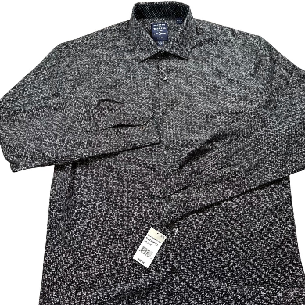 Society Of Threads Dress Shirt Black Micro Dot No-Iron Slim Fit Men's Medium NWT